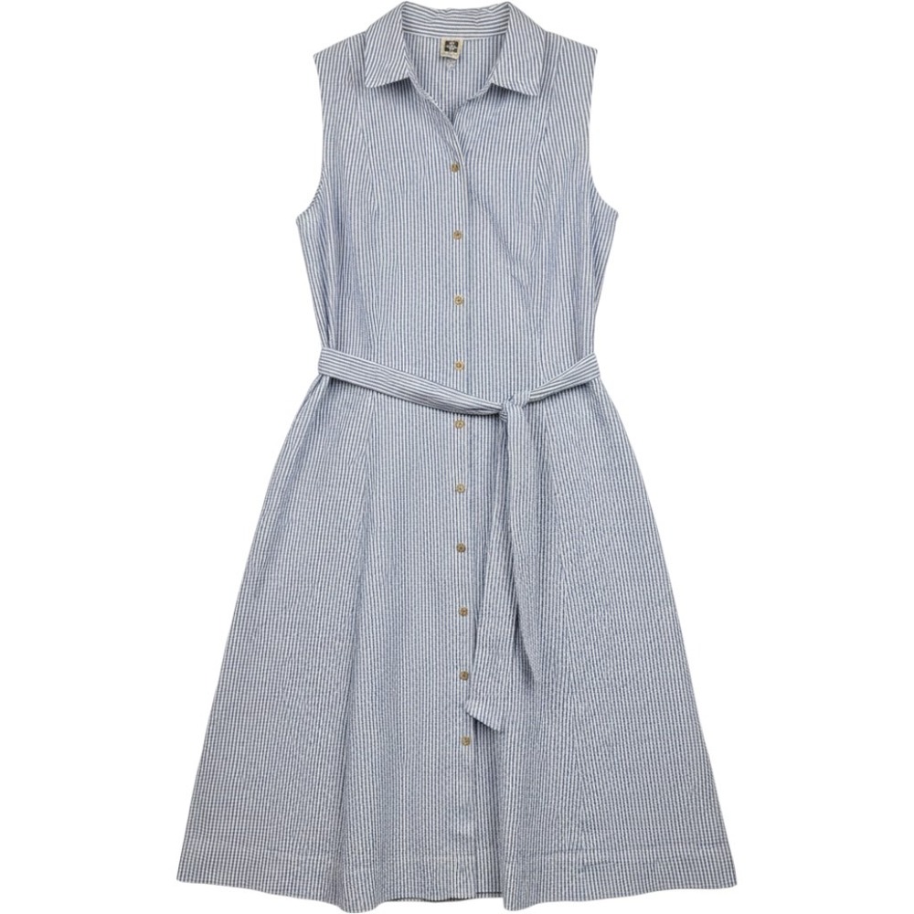 Anne Klein Blue White Seersucker Striped Sleeveless Button Front Belted Dress 10